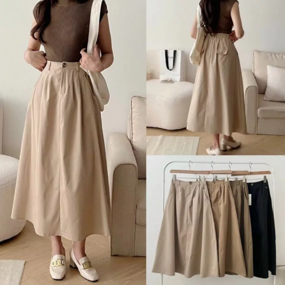 Chân Váy Xếp Ly Có BigSize Dáng Dài Lưng Thun Vải KaKi Thô Đứng Phom Mã CV99087 - Fashion 73