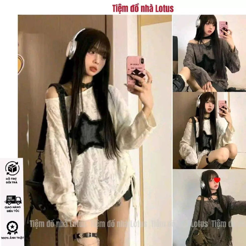 Áo Thun Giấy Xước Rách A114 - Thêu Nổi Ngôi Sao 5 Cánh (A10-1) Tay Dài Lệch Vai Cho Nữ (Tiệm đồ nhà Lotus)