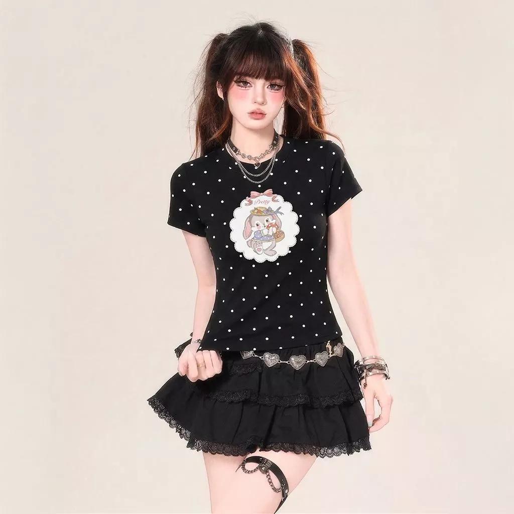 Áo thun baby tee dáng ôm ,áo croptop ngắn tay chấm bi hình thỏ nơ siêu xinh cực tôn dáng chất cotton co giãn thoáng mát