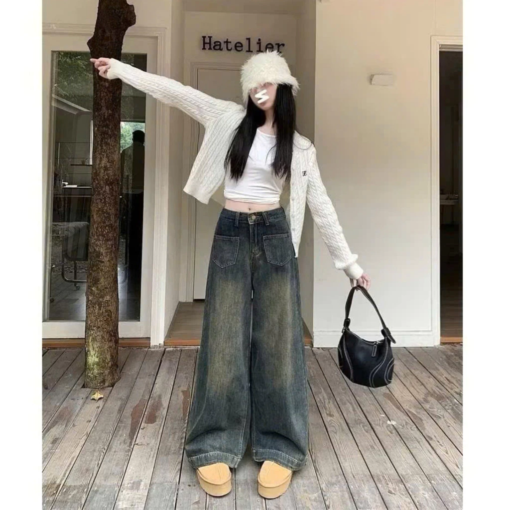 Quần jeans bò nữ ống suông túi trước cạp cao màu xanh bụi quần bò nữ ống rộng phối đồ siêu xinh