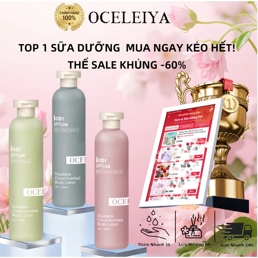 Sữa Dưỡng Thể OCELEIYA Body Lotion Dưỡng Ẩm Sâu Cấp Ẩm Dưỡng Sáng Da Với Niacinamide Kem Body Dưỡng Da Toàn Thân Chăm Sóc Cơ Thể Nuôi Dưỡng Da Khô Giúp Da Mềm Mịn Lưu Hương Lâu Thấm Nhanh Không Bết Rít Cho Nam Nữ Mọi Loại Da 268ml
