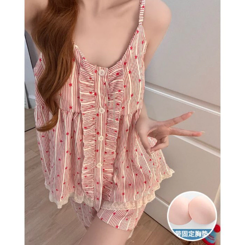 Bộ Đồ Ngủ Mây Cotton Cho Nữ Mùa Hè, Có Miếng Lót Ngực Cố Định Và Quần Short
