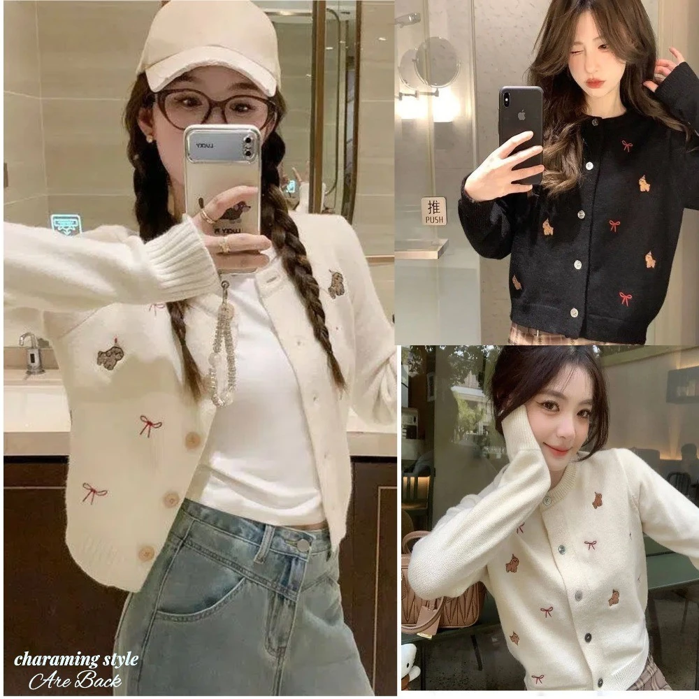 Áo Cardigan Dệt Kim Thêu Hình Cún Con Phong Cách Hàn Quốc Thời Trang Mới Áo Len Ngắn Cổ Tròn