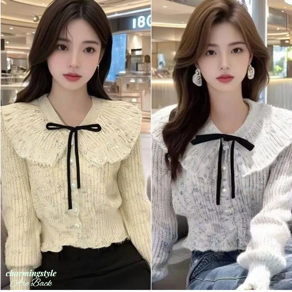 Áo Cardigan Dệt Kim Cổ Búp Bê Cho Nữ Mùa Thu Đông Phong Cách Mới Nhẹ Nhàng Và Ngọt Ngào Áo Khoác Len Ngắn