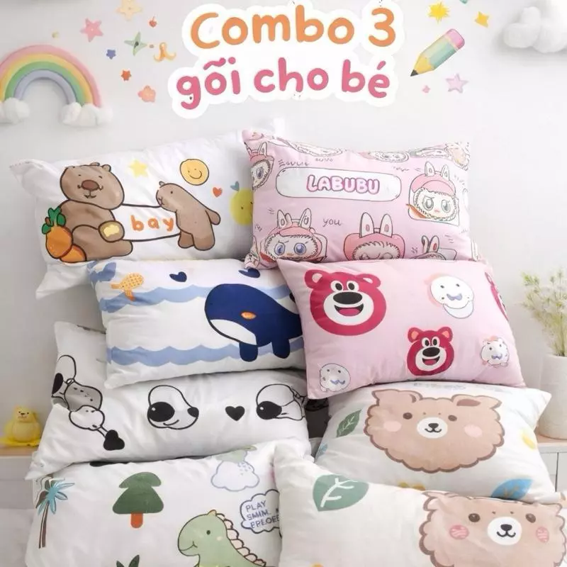 Combo 3 gối nằm cho bé hoạ tiết đáng yêu có khoá kéo mềm mịn thoáng mát size 30x50cm cho con dùng ở nhà , đi học đi chơi
