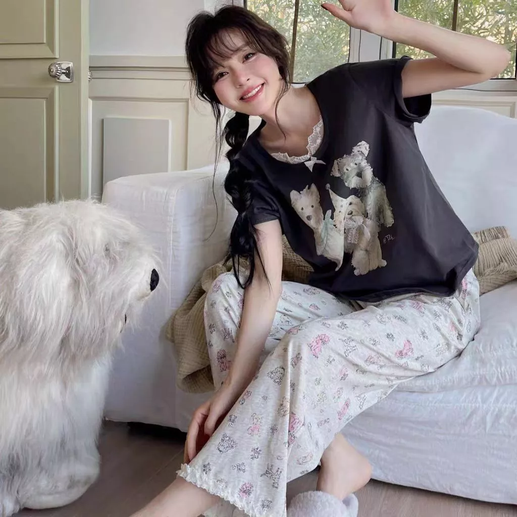 900_ Bộ ngủ nữ, pijama áo ngắn quần dài chất cotton thun  hinhg gấu | Hàng QCCC | 9scat