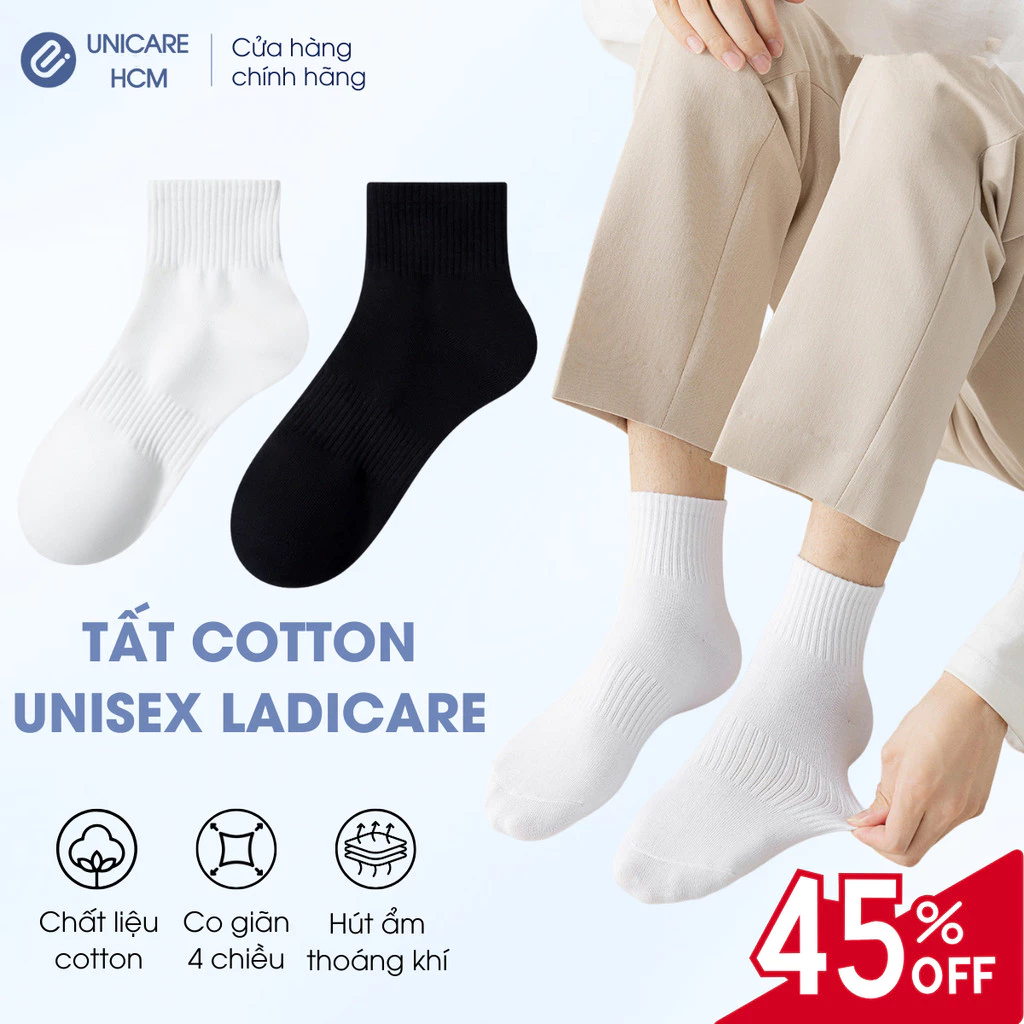 Tất vớ nam nữ LadiCare cotton unisex cao cấp, siêu mềm mịn, thoáng khí, khử mùi hôi chân