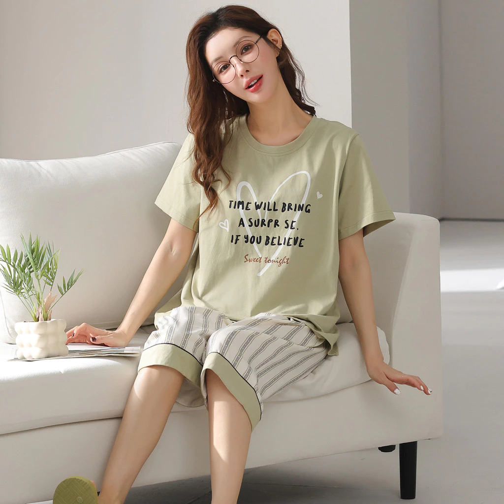Bộ Đồ Ngủ Plus Size 3/4 Tay Ngắn Cho Mùa Hè, Cotton, Mẫu Sọc Dễ Thương, Phù Hợp Mặc Nhà từ M đến 4XL