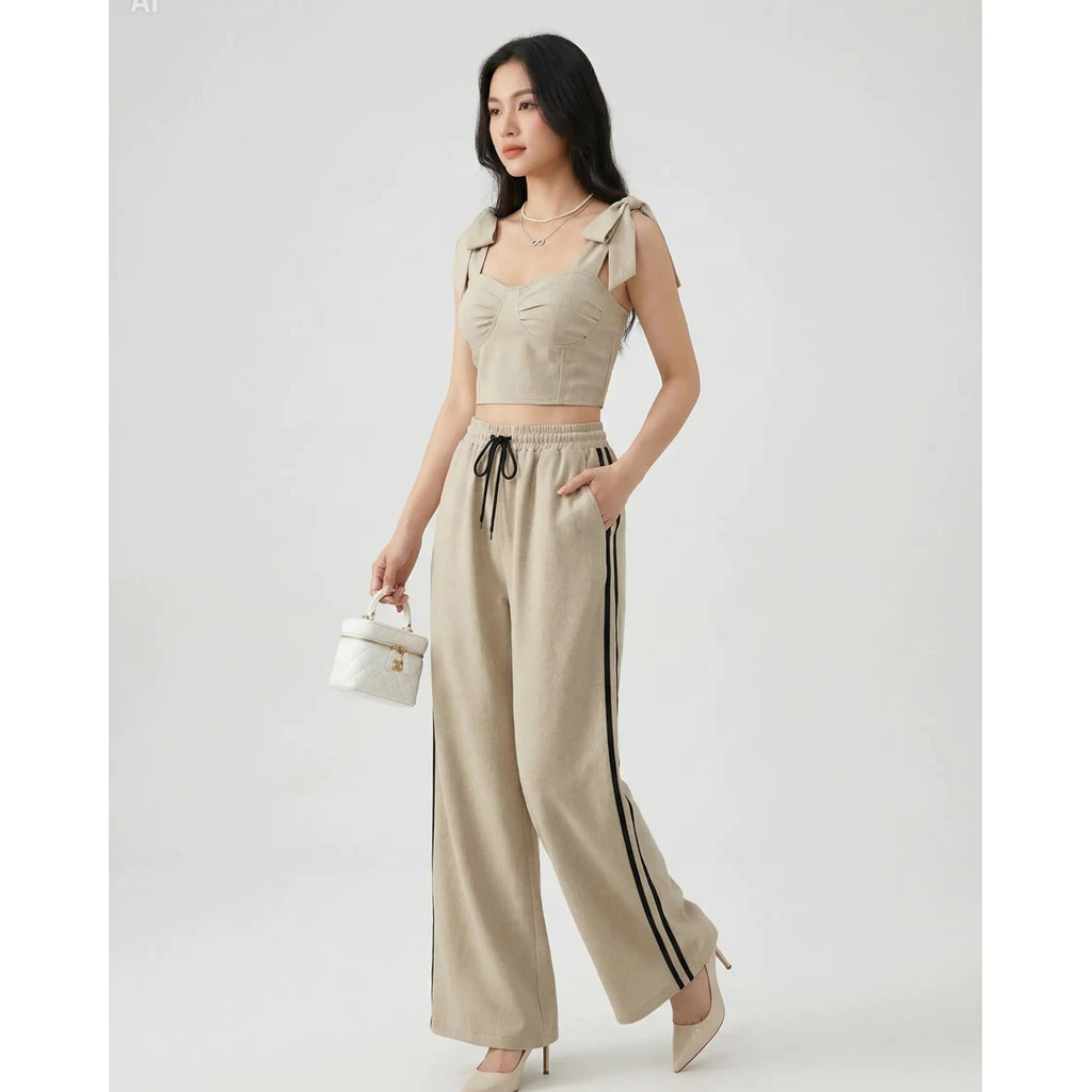 Set Áo Quần Kiểu Áo Corset Nhún Ngực Quần Lưng Thun Cột Dây Màu Be