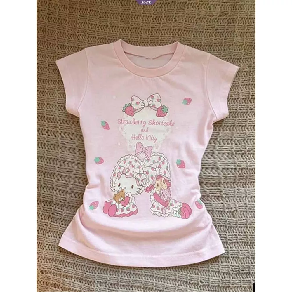 Áo thun ngắn tay cổ tròn màu hồng mỏng in hình Hello Kitty dễ thương - Phù hợp mùa hè