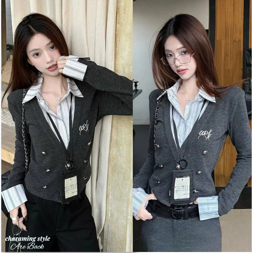 Áo Sơ Mi Nữ Dài Tay Cổ Điển Áo Hai Mảnh Giả Cổ Thời Trang Xuân Thu Gợi Cảm