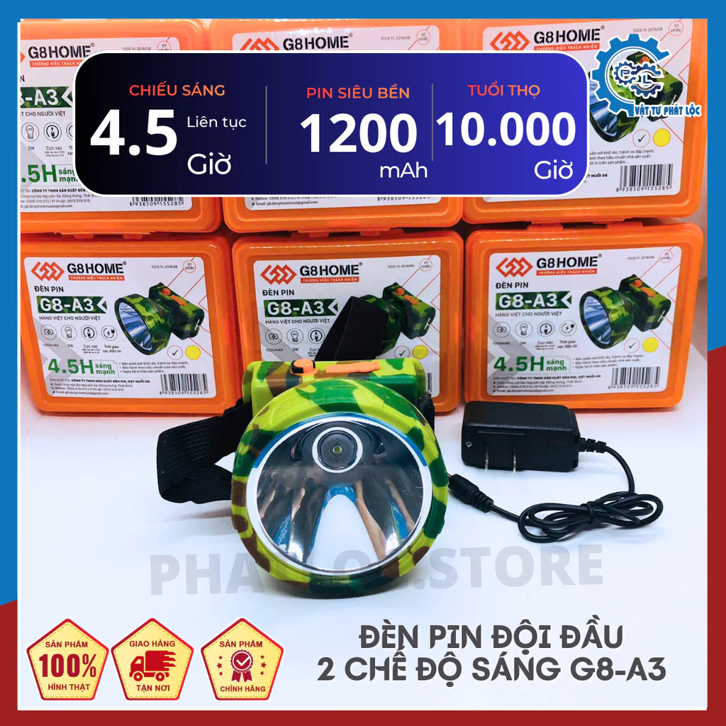 Đèn Pin Đội Đầu G8-A3 Siêu Sáng, công suất 3W, pin 1200mAh, chiếu sáng liên tục 4.5h, đèn pin 2 mức độ sáng