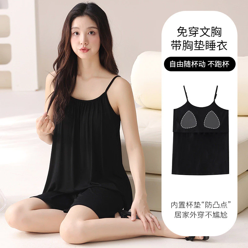 Bộ Đồ Ngủ Modal Có Miếng Lót Ngực, Phong Cách Loungewear Suspender, Quần Short Mỏng, Thoáng Mát, Phù Hợp Mùa Hè, Kích Thước Lớn.