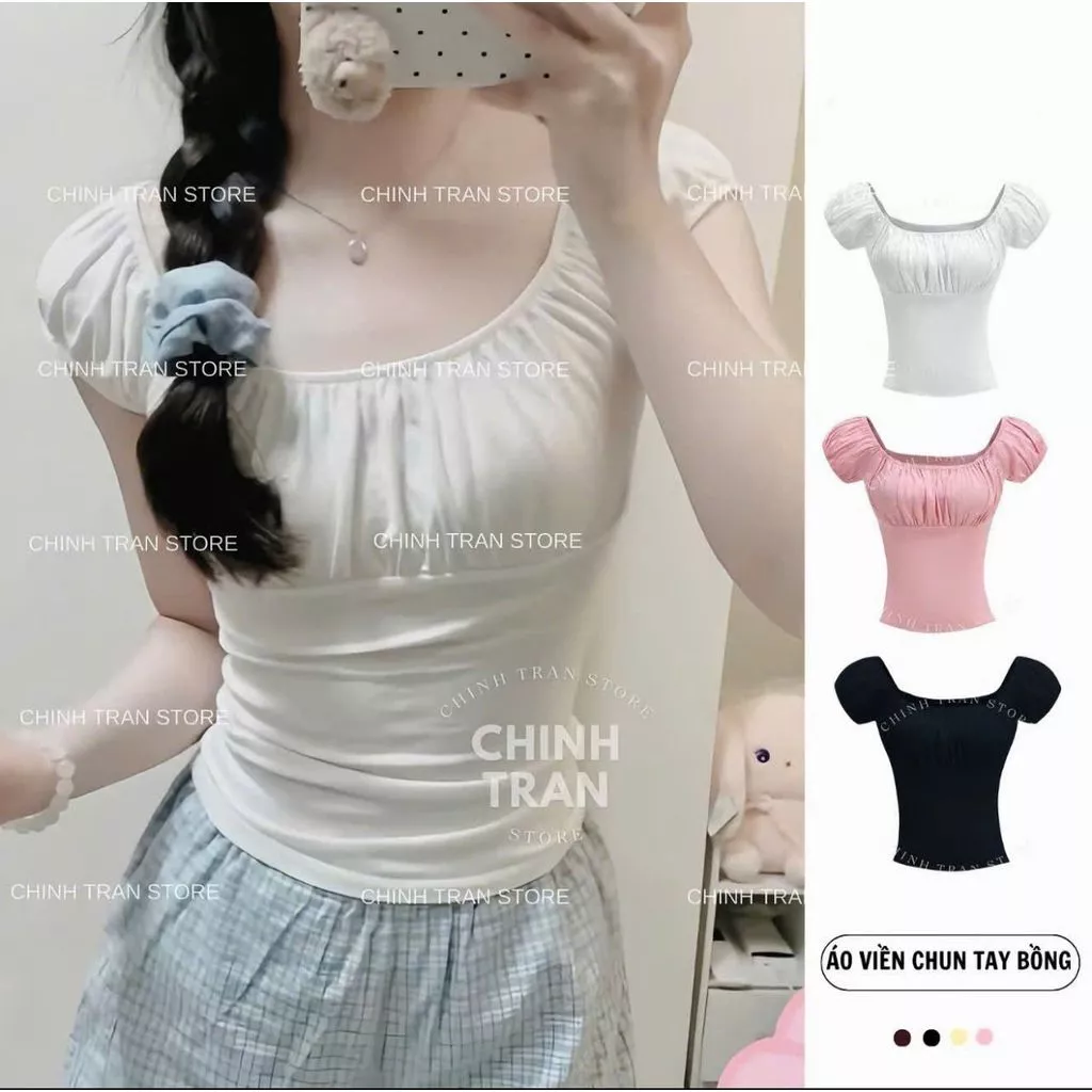 Áo thun nữ ngắn tay ,áo kiểu cổ vuông tay bồng nhún ngực viền chun ôm người chất cotton co giãn cực tôn dáng