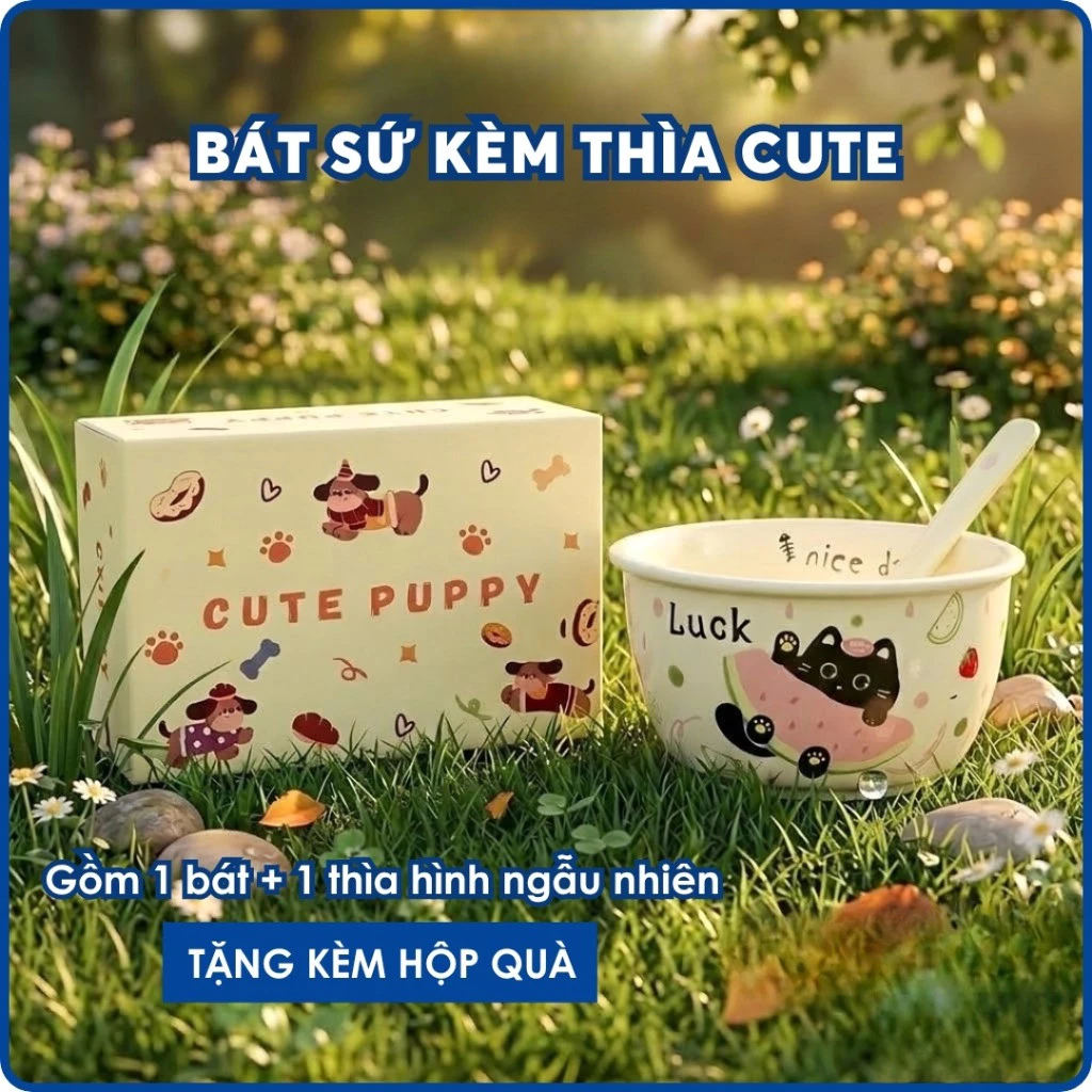 Bộ Bát Sứ Ăn Cơm Hoạt Hình Dễ Thương Gồm 1 Bát + 1 Thìa, Bát Sứ Cao Cấp Xinh Xắn- quà sinh nhât