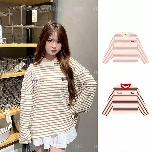 Áo Phông Tay Dài Sọc Ngang Thun Borip – Form Rộng Cổ Tròn Chất Thun Borip Co Giãn In Cún Nâu DOG EUPHORIA Hottrend