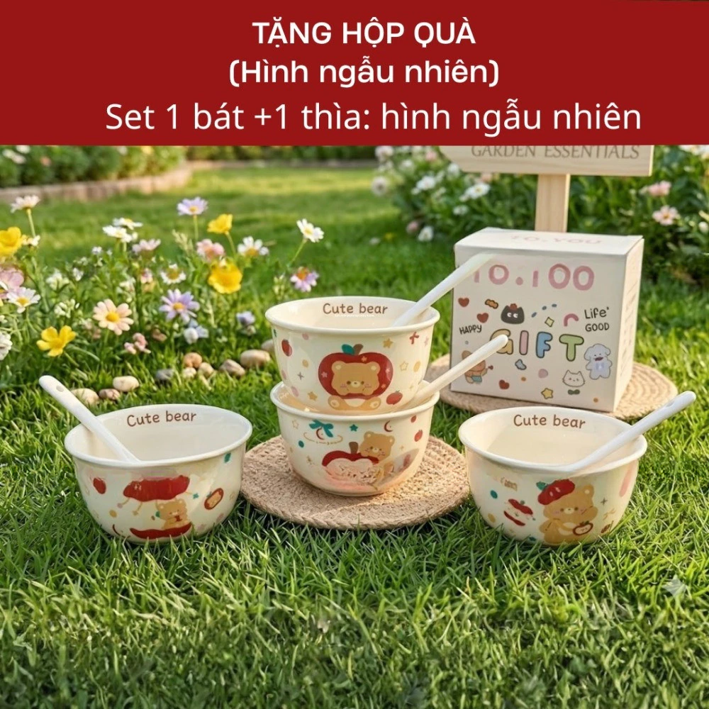 Bộ Bát Sứ Ăn Cơm Hoạt Hình Dễ Thương Gồm 1 Bát + 1 Thìa, Bát Sứ Cao Cấp Xinh Xắn- Bát tặng sinh nhật