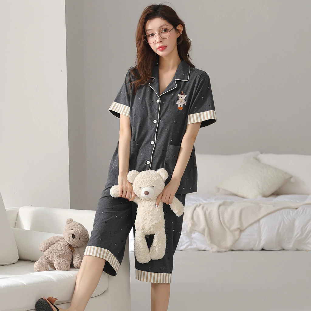 Bộ Đồ Ngủ Nữ Mùa Hè Cotton Nguyên Chất, Kẻ Sọc Dễ Thương Da Báo, Size M-4XL