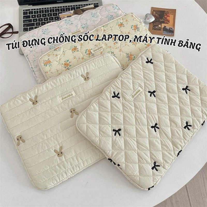 Túi Chống Sốc Laptop Hoạt Tiết Nơ Vải Chần Bông, Túi Đựng Máy Tính Bảng Chống Va Đập Đủ Size 11 - 13 - 15 inch