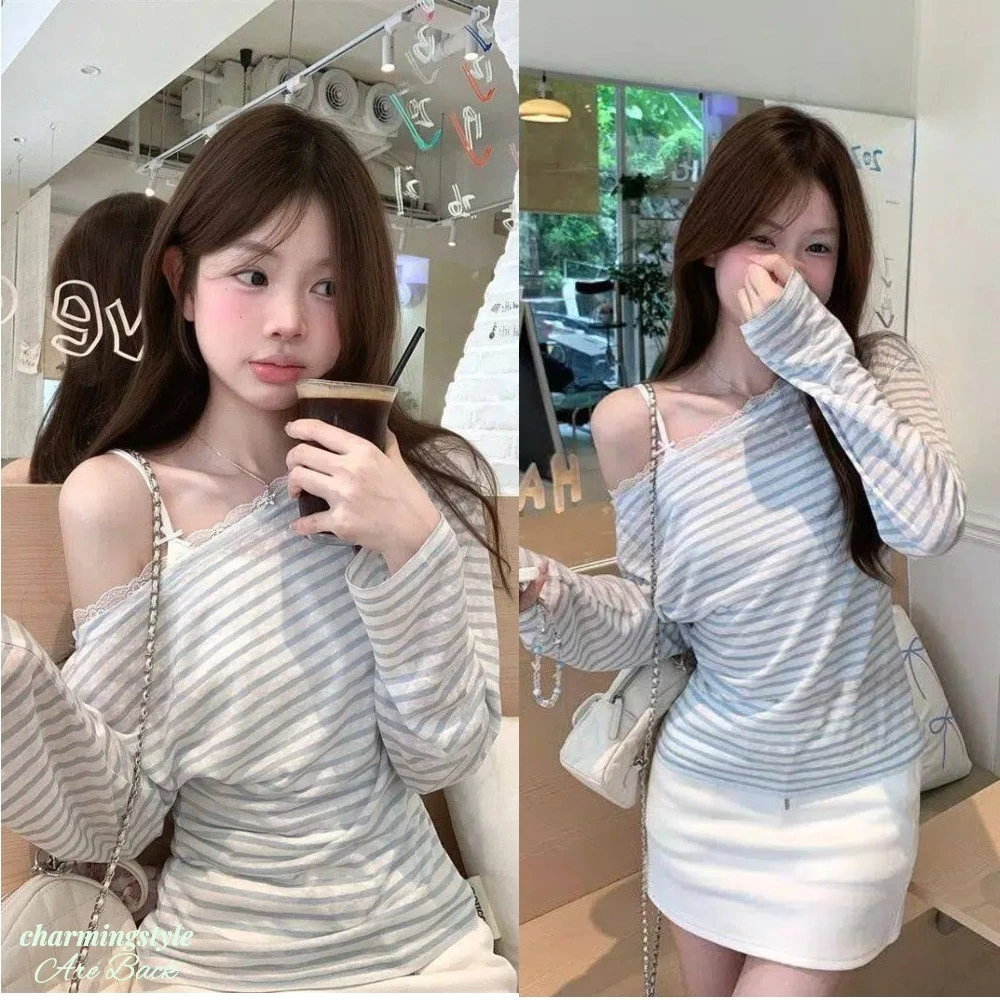 Áo Thun Nữ Sọc Dài Tay Mới Lệch Vai Ren Thời Trang Mới