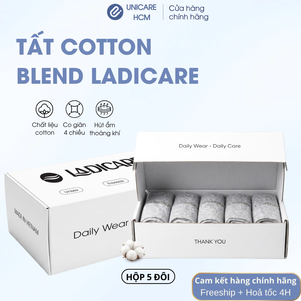 COMBO 5 đôi tất vớ nam nữ cổ cao LadiCare thể thao cotton dày dặn, khử mùi, êm chân, thoáng khí