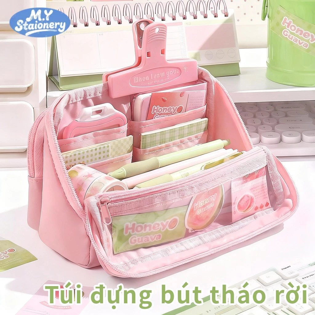 Túi Đựng Bút 9 Ngăn Tháo Rời M.Y – Vải Oxford Hồng Pastel, Đa Năng, Dung Lượng Lớn