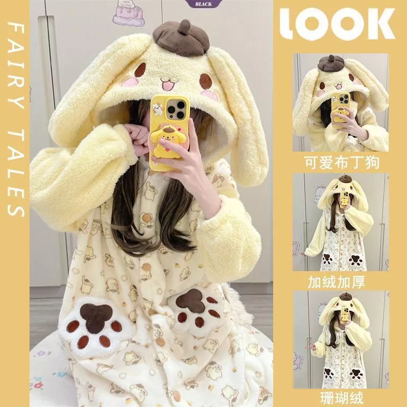 Bộ Đồ Ngủ Pom Purin Coral Fleece Ấm Áp Cho Nữ, Phù Hợp Mùa Đông