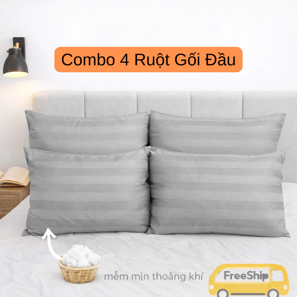 Combo 4 Ruột Gối Đầu Cotton 3F Ruột Gối Bông Gòn Hoạ Tiết Đẹp kích thước 45x65cm