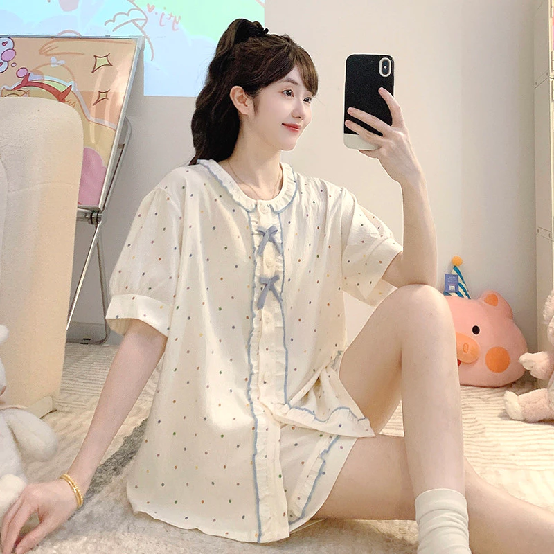 Bộ Đồ Ngủ Nữ M-5XL Plus Size, Mùa Hè Tay Ngắn, Chấm Bi, Mềm Mại Phù Hợp Mặc Nhà