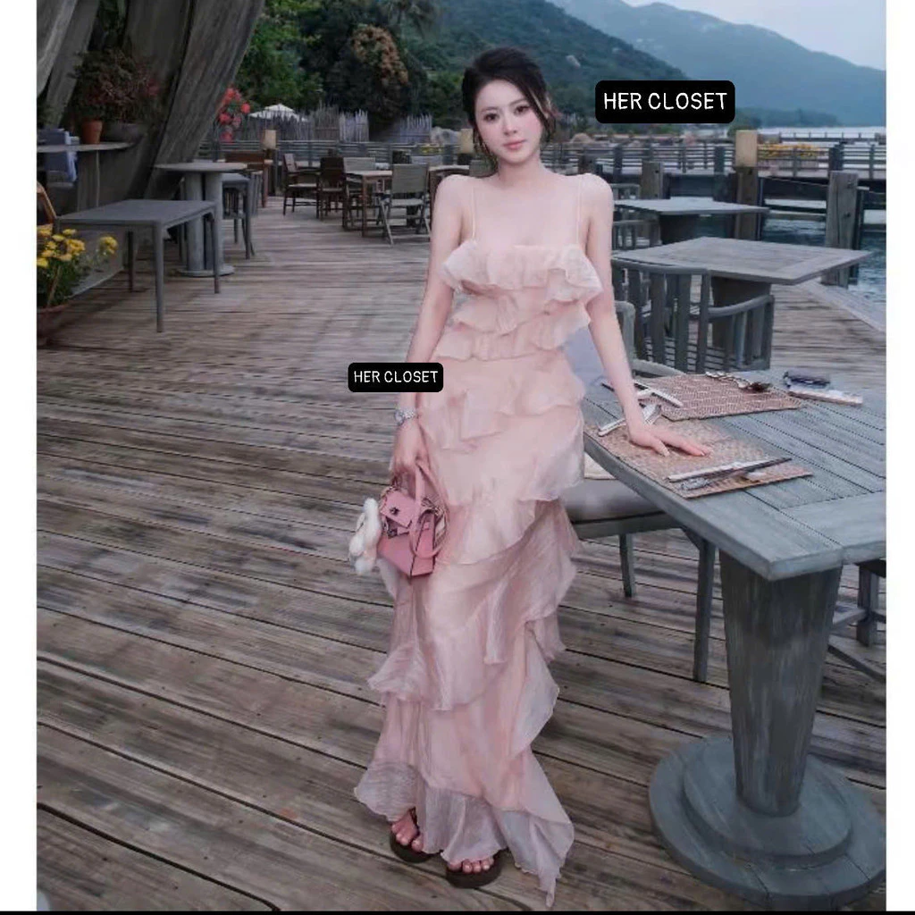 [HÀNG LOẠI 1] Váy 2 dây dáng dài phối bèo sang chảnh, đầm hai dây maxi, đầm đi tiệc, váy đi biển phối bèo, sẵ....