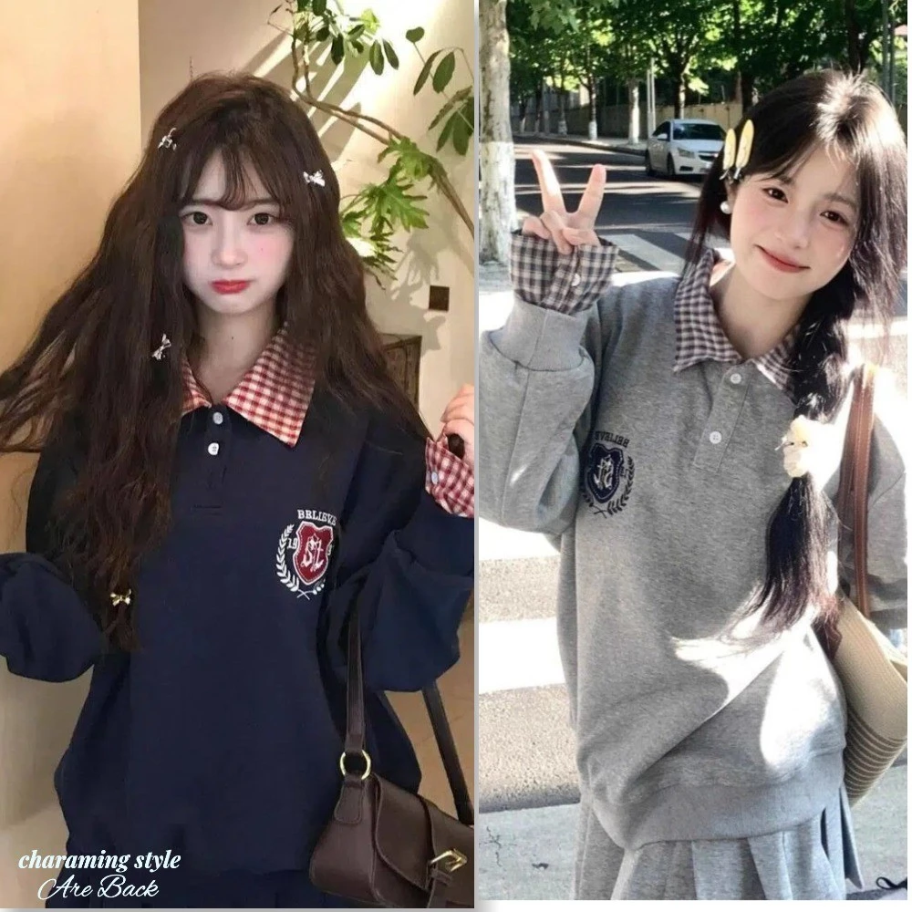 Áo Sơ Mi POLO Dài Tay Phong Cách Đại Học Nữ Xuân Thu Mới Áo Chui Đầu Thể Thao Rộng Hàng Đầu