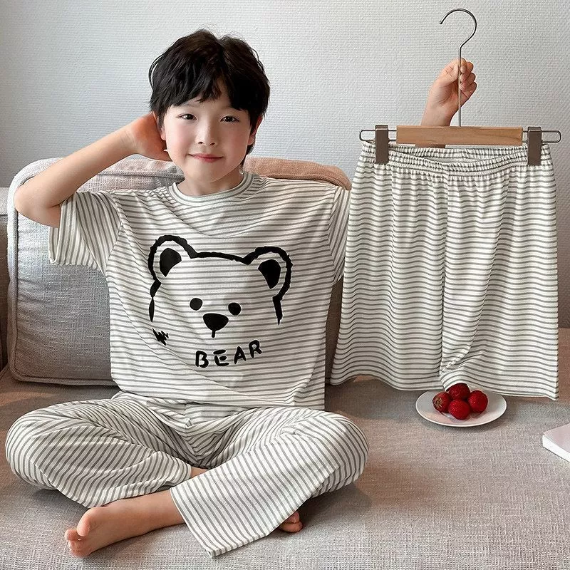 Đồ bộ ngủ trẻ em sọc gấu dễ thương – áo thun + quần dài/ngắn, mềm mịn thoáng mát, mặc nhà unisex
