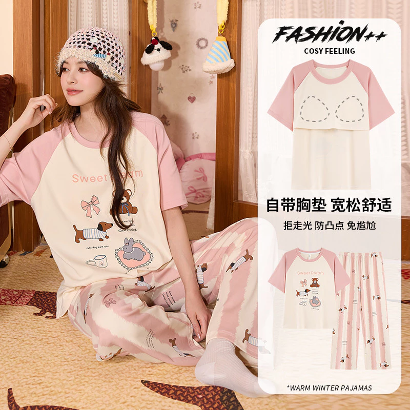 Bộ Đồ Ngủ Cotton Mùa Hè, Tay Ngắn, Họa Tiết Dễ Thương và Hoa, Phù Hợp Mặc Nhà từ M đến 3XL