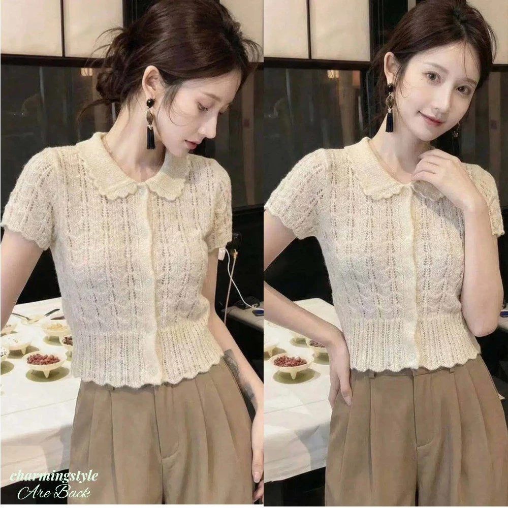 Áo Cardigan Dệt Kim Cổ Peter Pan Thời Trang Mới Dành Cho Nữ, Thiết Kế Mùa Hè, Ngắn, Ôm Sát, Tay Ngắn Tôn Dáng.