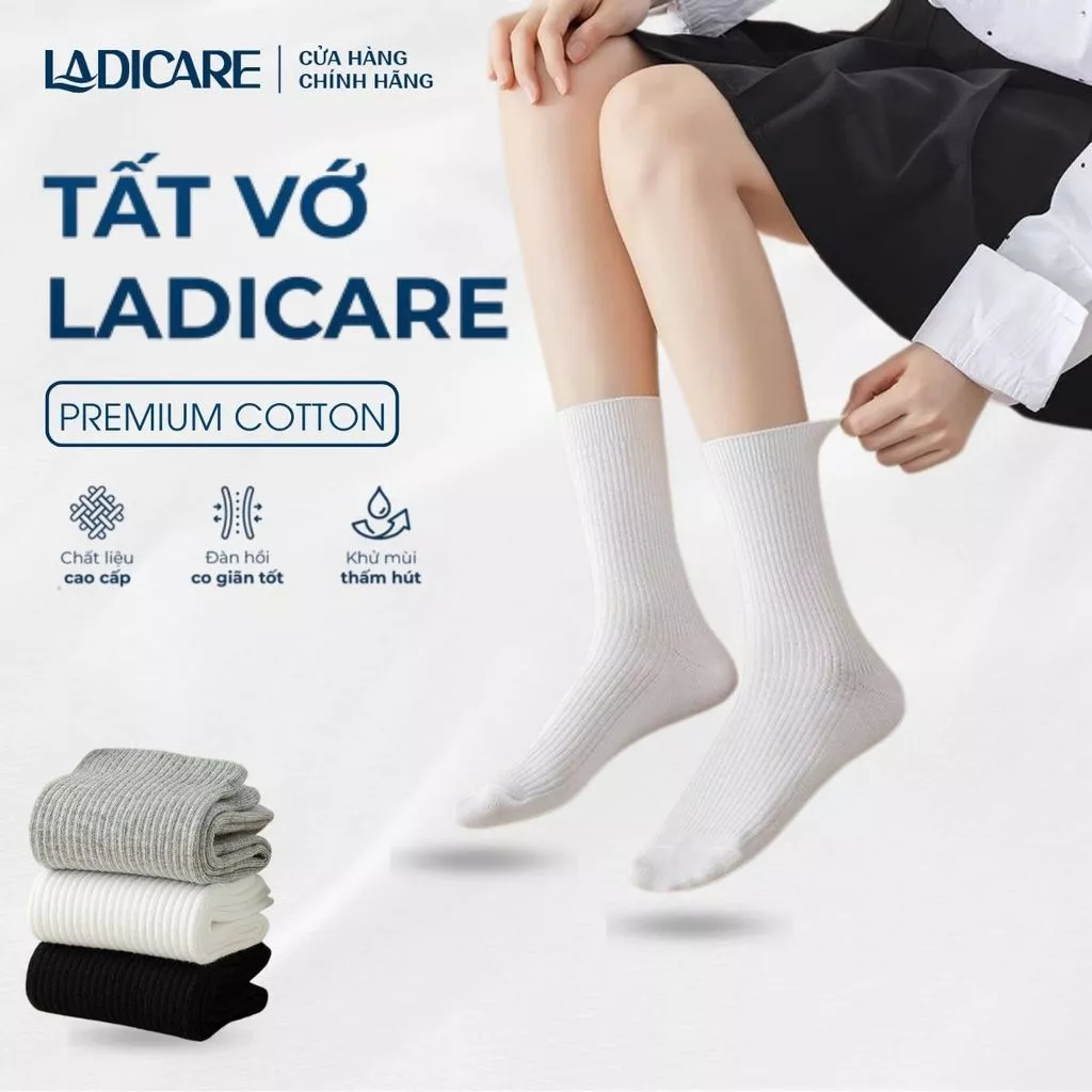 Tất vớ nam nữ cổ trung trơn LADICARE sợi tự nhiên 2 màu đen trắng thời trang, êm ái dày dặn thoáng khí, khử mùi