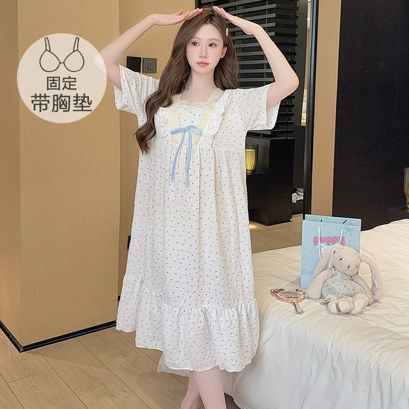 Váy ngủ plus size có đệm, bộ đồ ngủ tay ngắn cho phụ nữ, phù hợp mùa hè