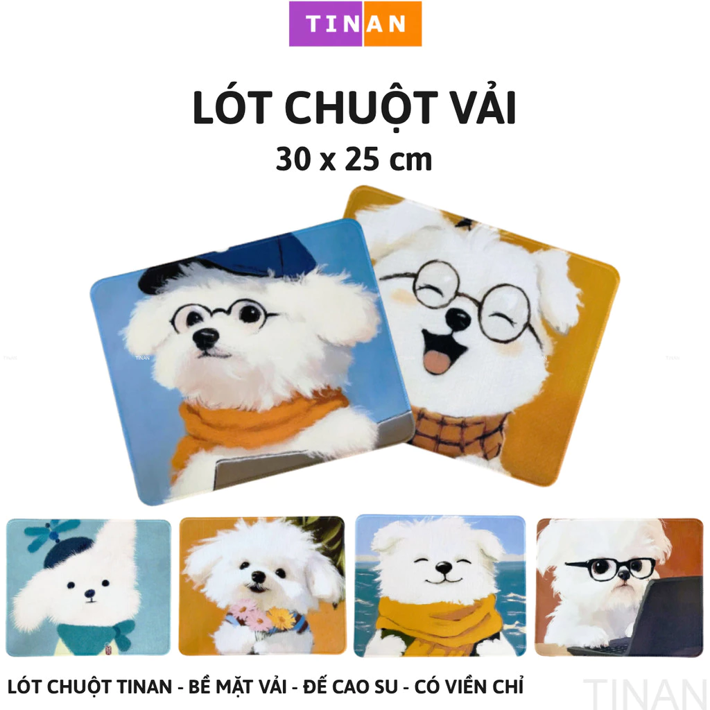 Miếng Lót Chuột Hình Cún Dễ Thương – Bề Mặt Vải Mịn, Đế Cao Su Chống Trượt, Êm Tay, Dùng Văn Phòng & Gaming Nhẹ