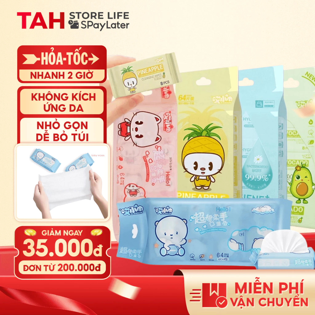 Khăn GIấy Ướt Mini Siêu Tiện Lợi, Khăn Giấy Bỏ Túi Gồm 8 Gói Không Gây Kích Ứng Cho Da