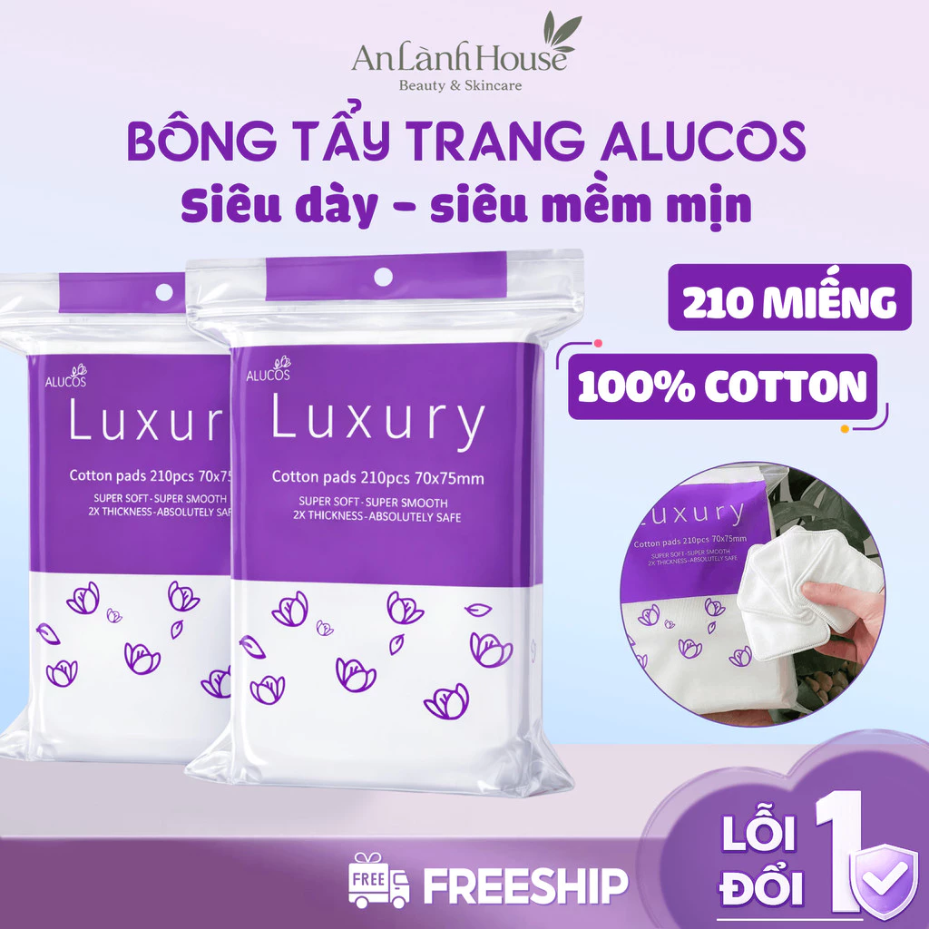 Bông Tẩy Trang Alucos Luxury 210 Miếng Cotton Ép Viền Dịu Nhẹ Cho Da An Lành