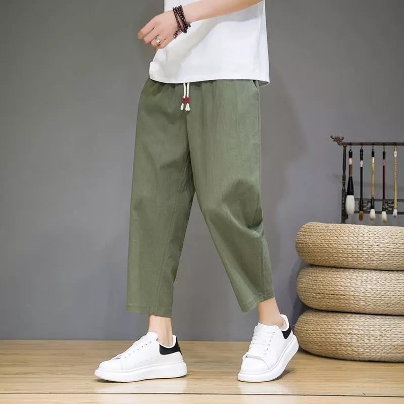 Quần nam thường ngày kiểu quân đội màu xanh đến mắt cá, chất liệu lanh cotton, size lớn, phù hợp mùa hè