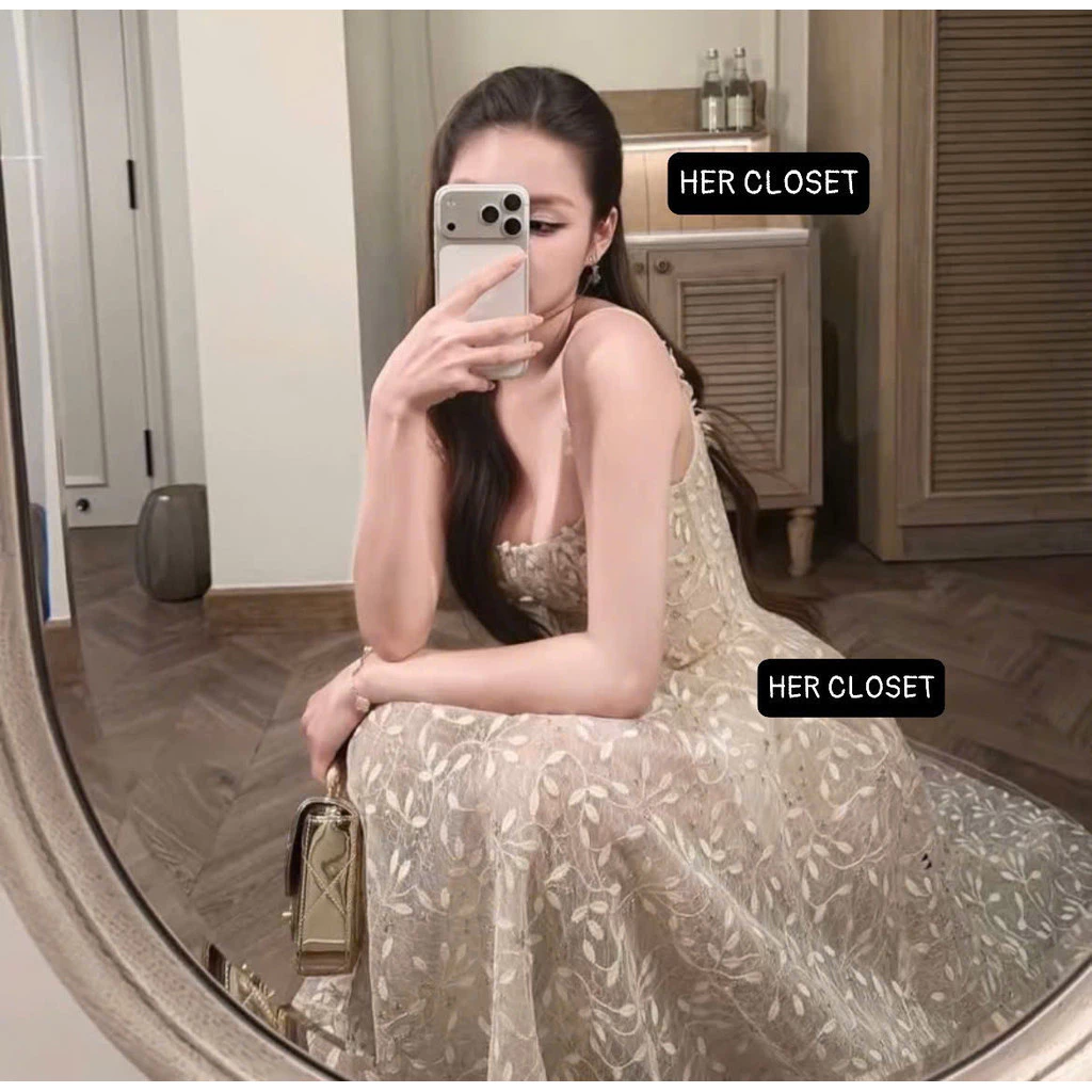 [HÀNG THIẾT KẾ] Váy 2 dây bản to phối ren hoa dáng dài đầm 2 dây ren sang chảnh đầm đi tiệc váy đi đám cưới, sẵ.....