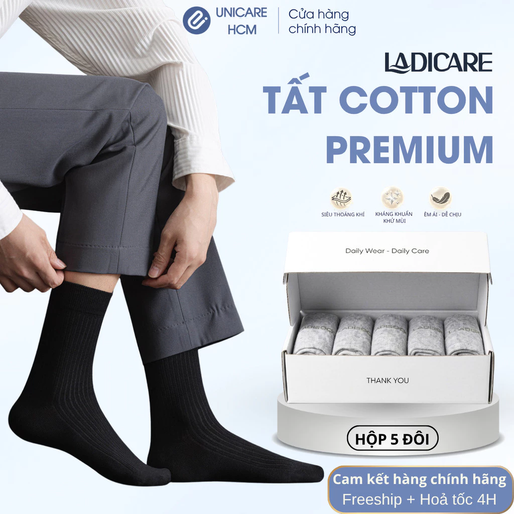 COMBO 5 đôi tất vớ thể thao LadiCare sợi tự nhiên cao cấp basic, thoáng khí, thấm hút tuyệt đối, chống hôi chân