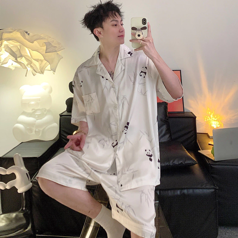 Đồ ngủ nam plus size ice silk quần short tay ngắn, phù hợp cho homewear và loungewear