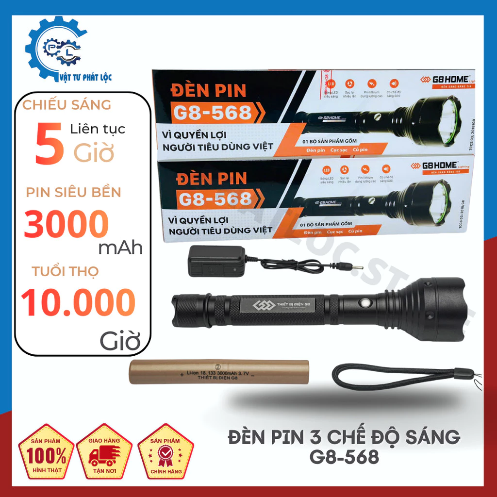 Đèn pin cầm tay G8-568 siêu sáng 3 chế độ sáng, chiếu sáng liên tục 5h, loại tốt, dung lượng pin 3000mAh siêu bền