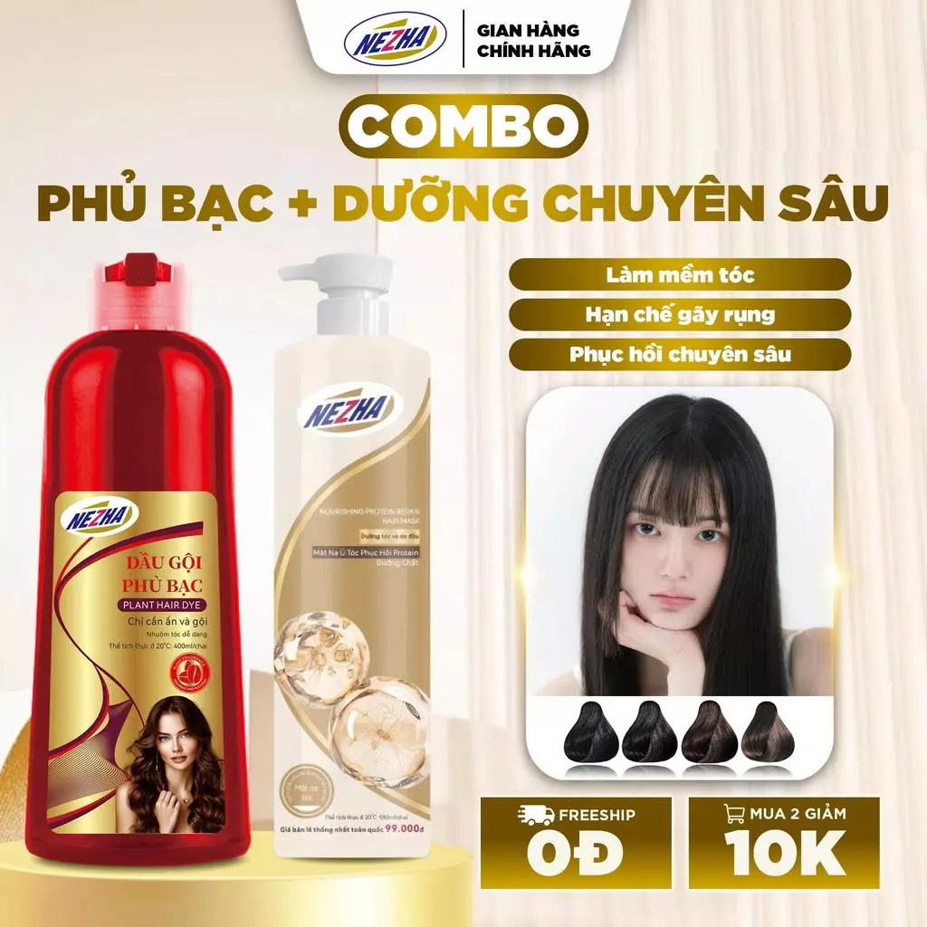 [COMBO HOT] Dầu Gội Phủ Bạc Nezha + Kem Ủ Dưỡng Tóc – Phủ bạc siêu nhanh, Chống khô xơ, Dưỡng tóc salon