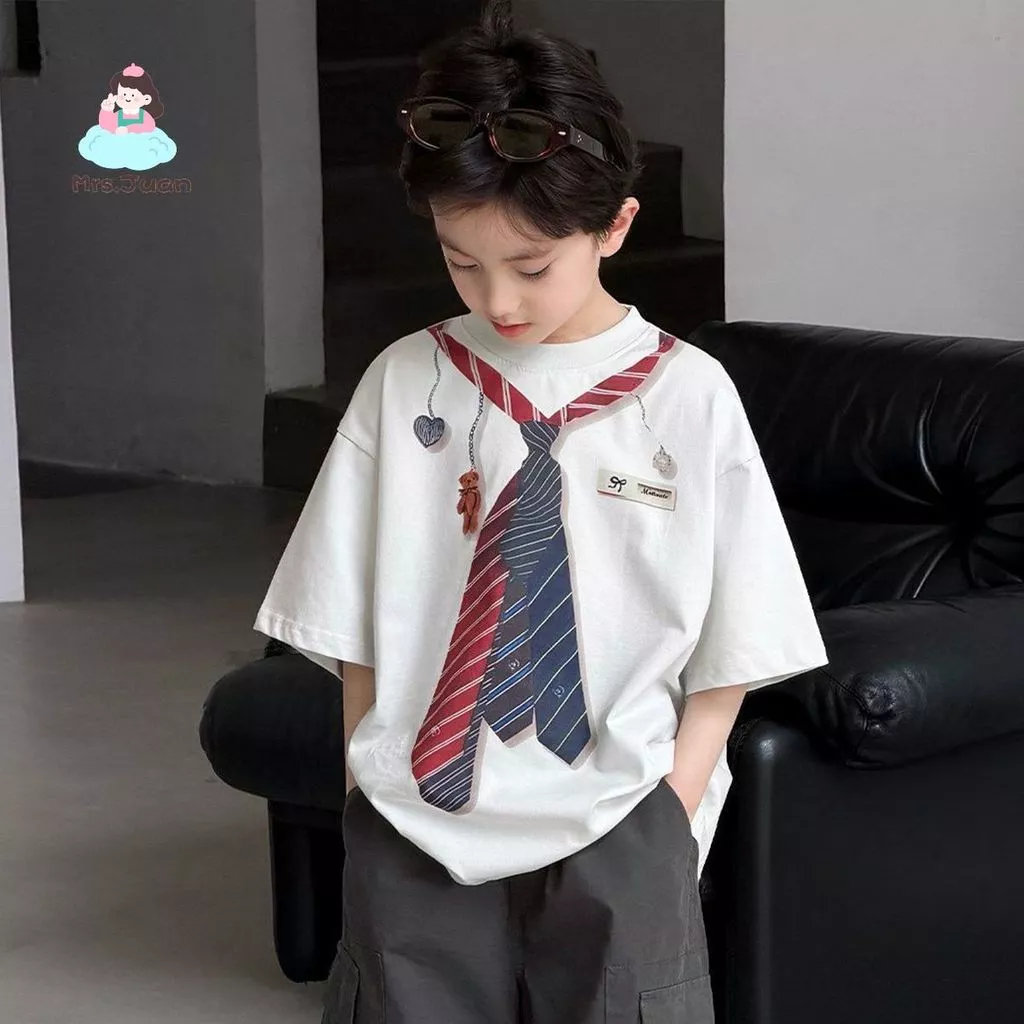 Áo thun cho bé trai form rộng – áo tay ngắn phong cách Hàn in cà vạt thoáng mát mặc hè