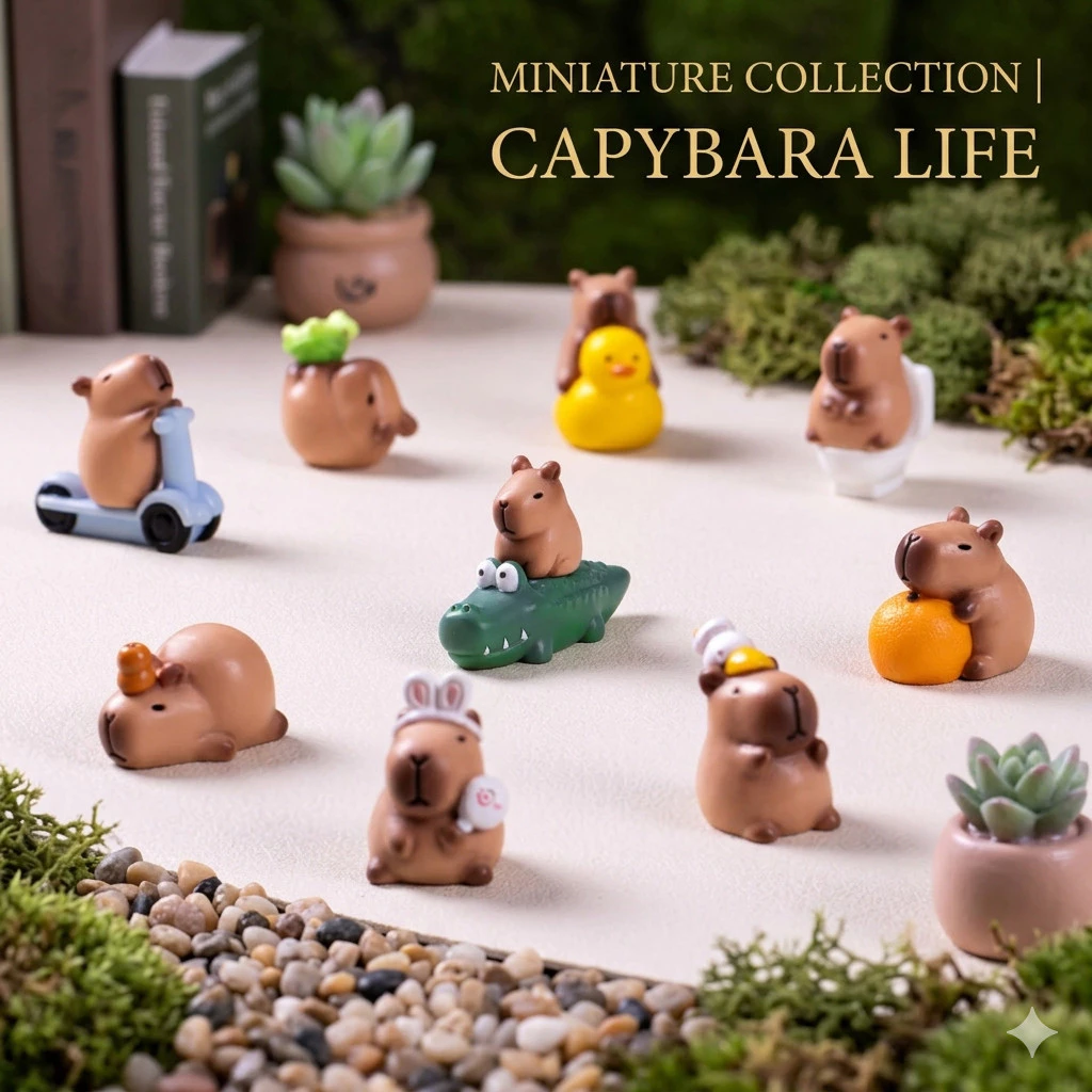 Mô Hình Capybara Mini Set 9 Full Phụ Kiện – Trang Trí Bàn, Xe Xinh Xắn Cho Gen Z – Siêu Dễ Thương