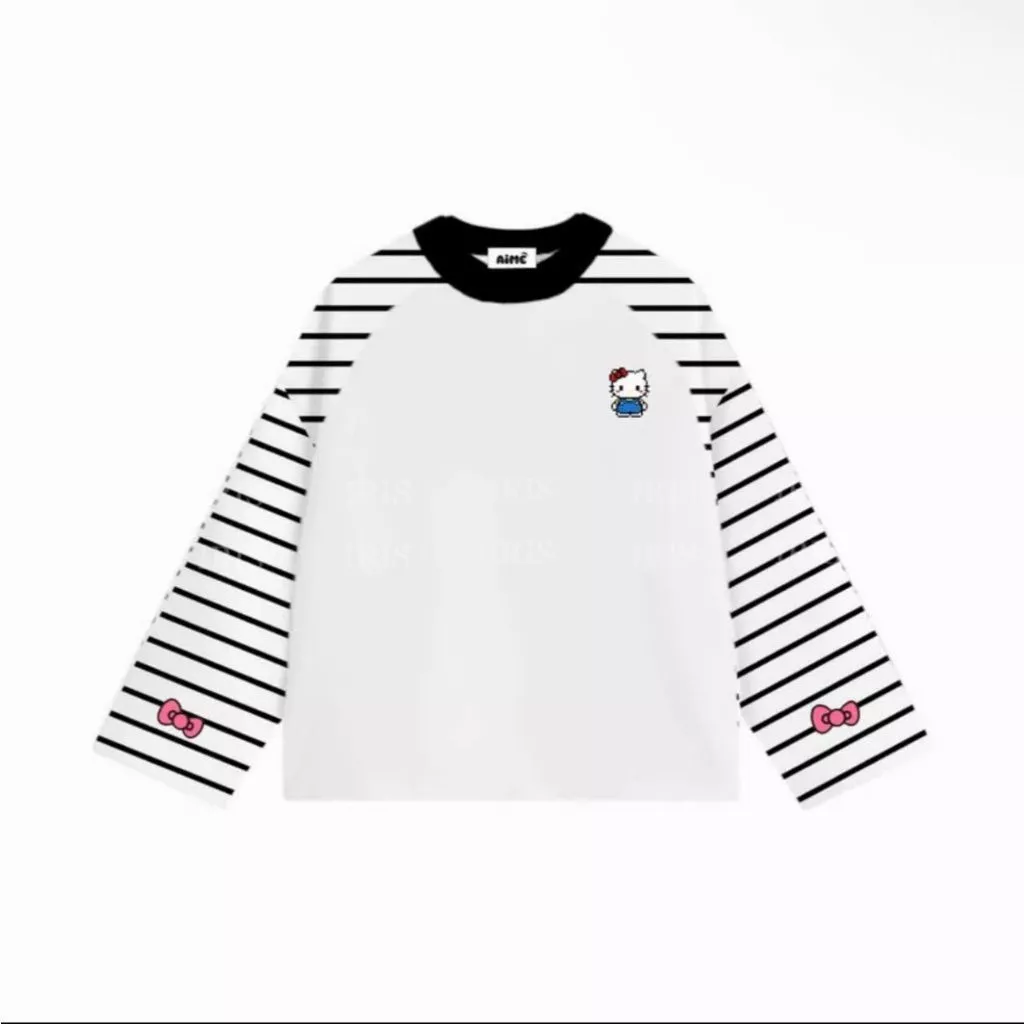 Áo Phông Tay Dài Unisex Raplang Kẻ Sọc Ngang, Áo Thun Boxy Oversize Họa Tiết Mèo Nơ Phong Cách Hàn