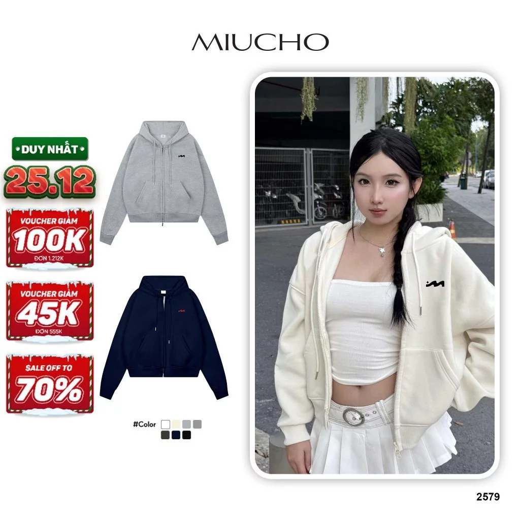 Áo Khoác Hoodie Zip Boxy Unisex Miucho Nỉ 2 Da Cao Cấp Dày Dặn Mềm Mại Thoáng Mát có nón HXD2579