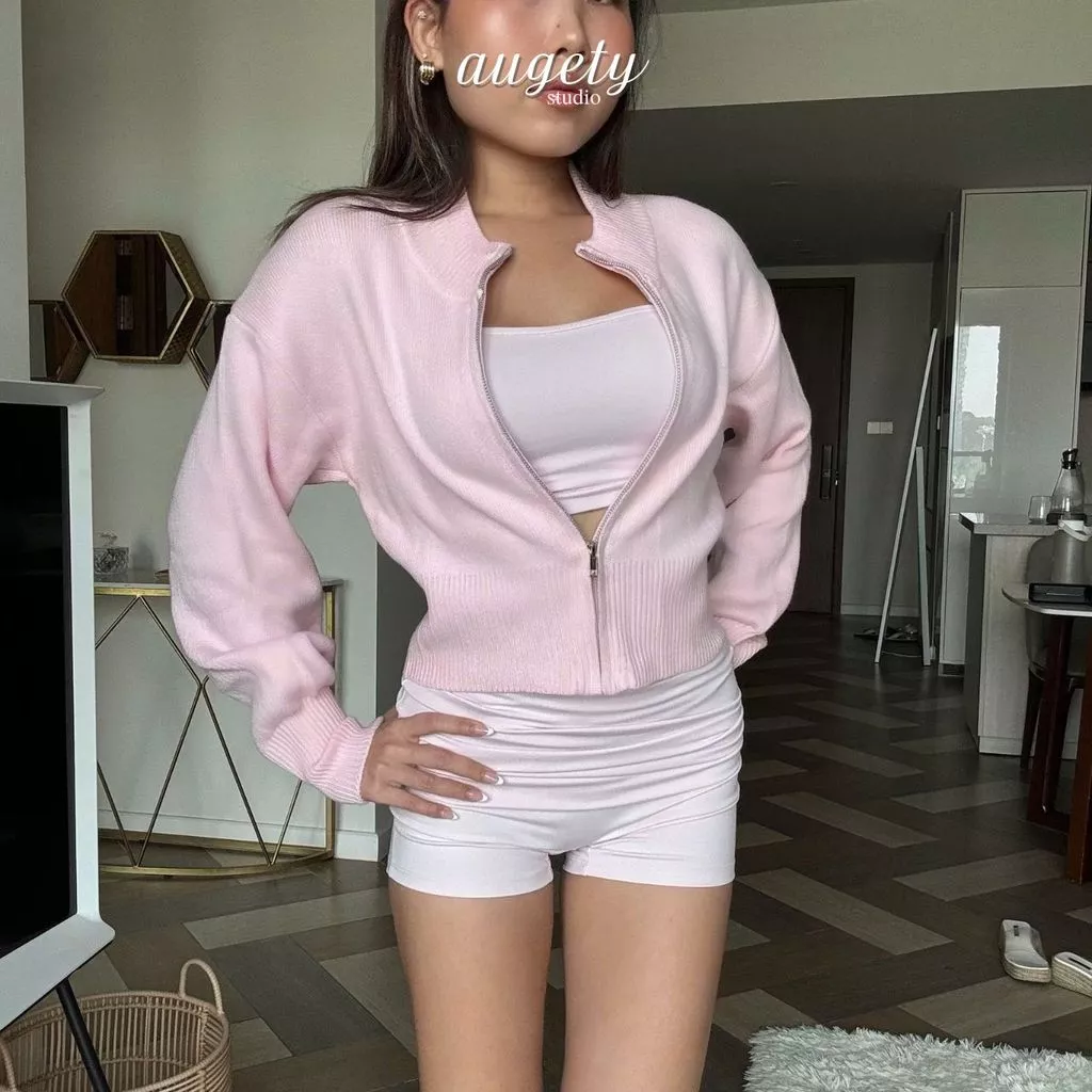Áo Khoác Thu Đông Len Dệt Kim Cao Cấp Chất Dày Dặn Bo Eo Khoá Kéo Dáng Croptop Augety Studio, LIVY Knit Cardigan